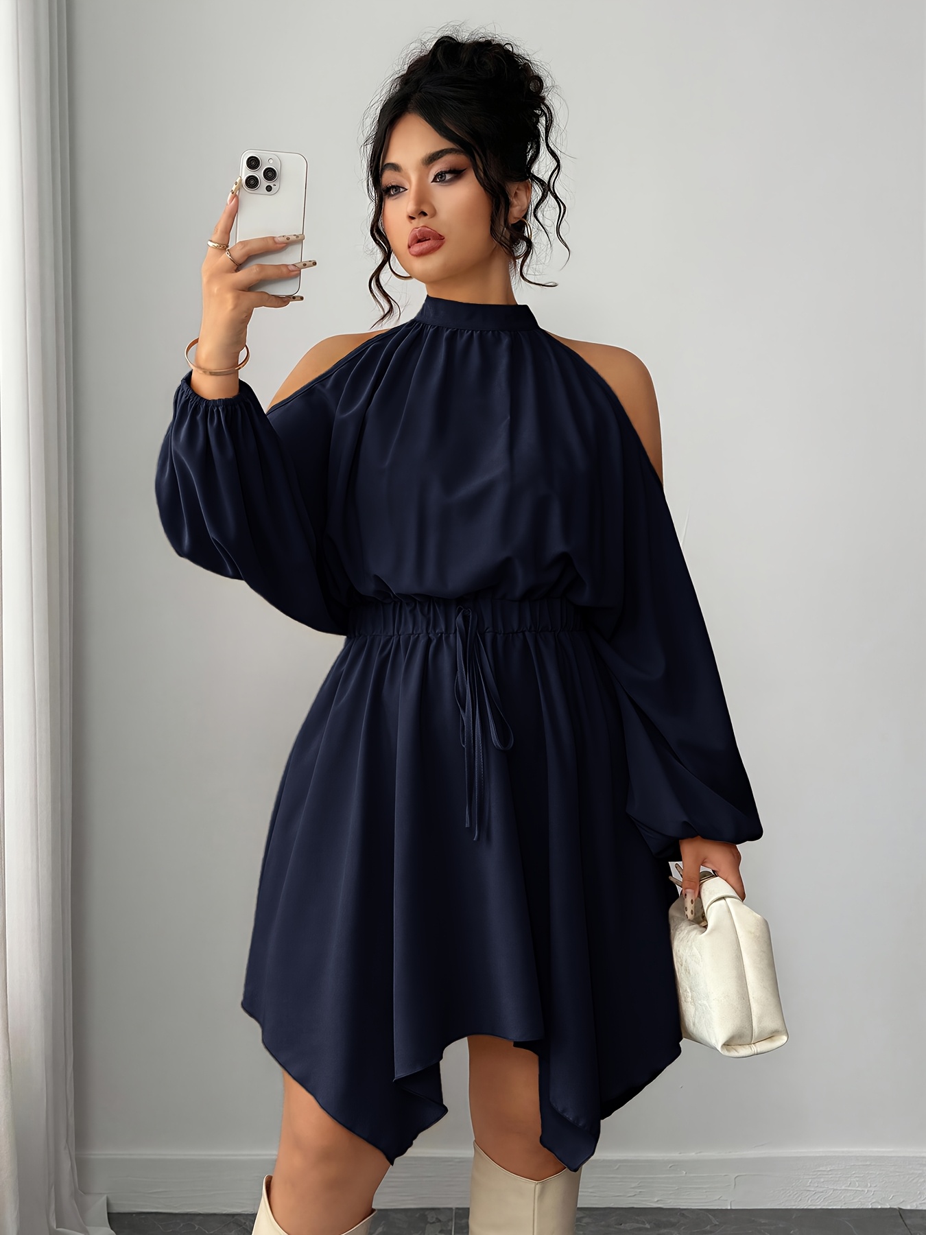 Plus Size, Plus Size Women's Elegant Maxi Dress with Asymmetric Hem - Solid Color Long Bell Sleeves, Round Neck H-Line Silhouette Dress for Weddings, Parties, Proms - Machine Washable -Length gown (No Bust Padding)