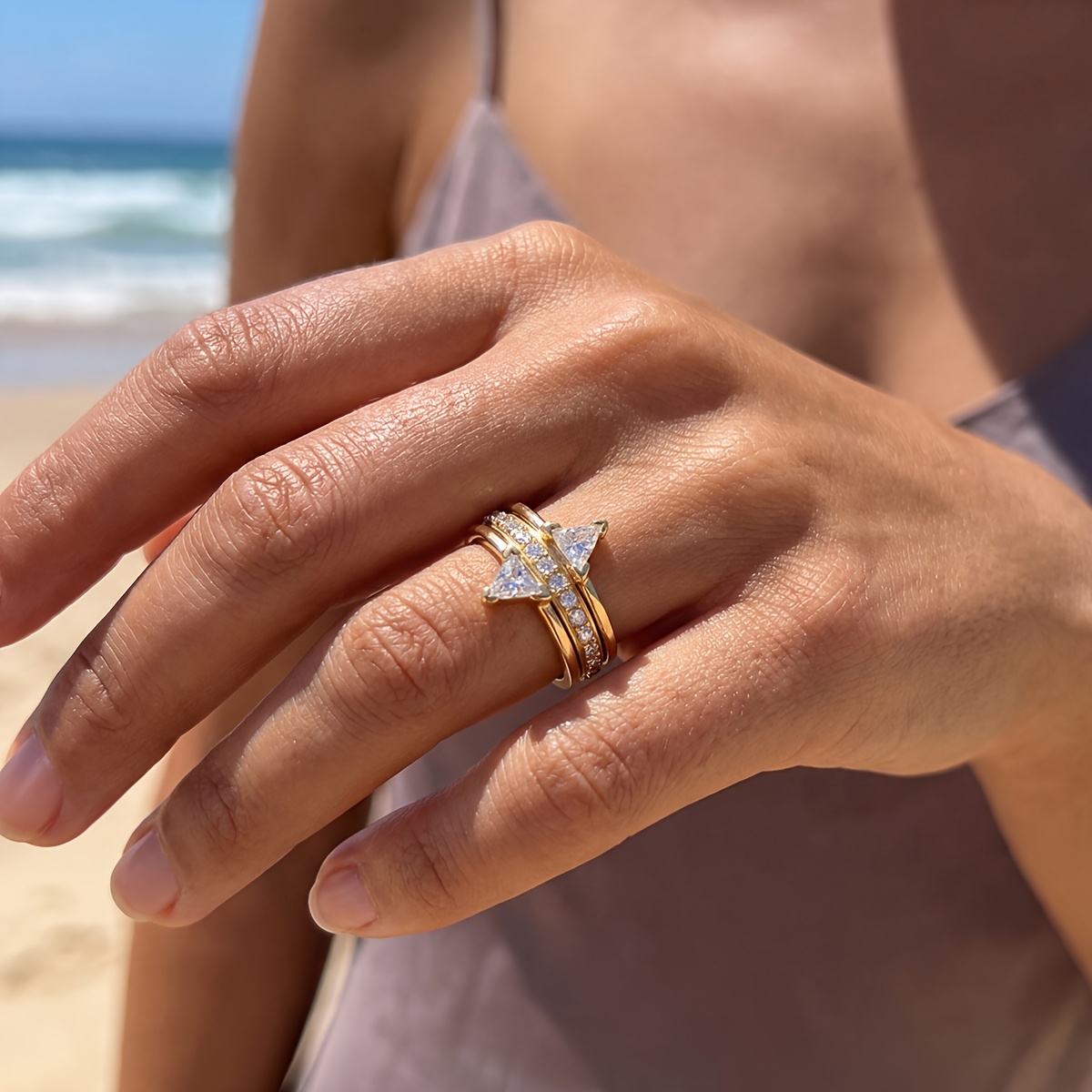 Women's Elegant Triangle-Shaped Decorative Ring for Special Occasions