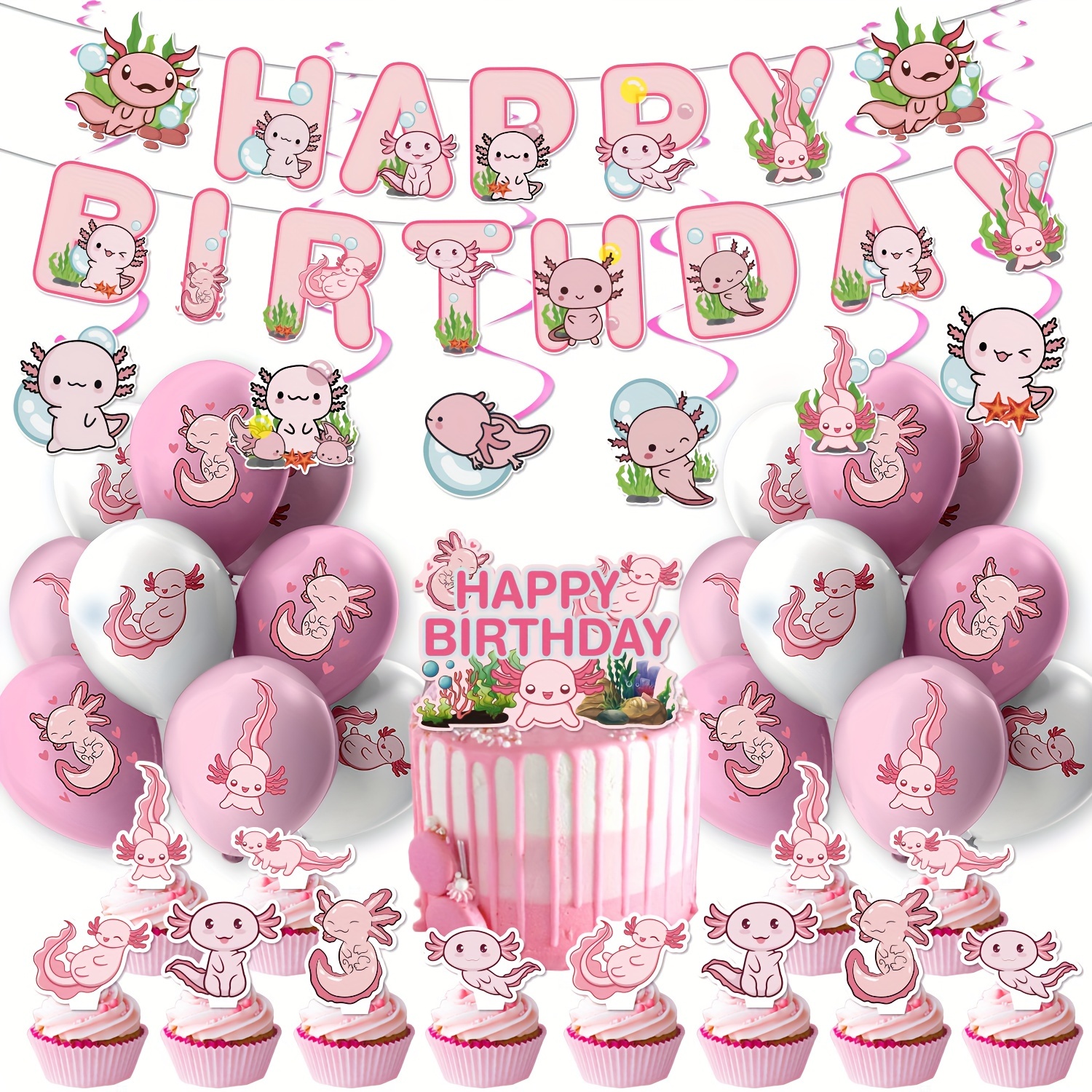 

Axolotl-themed Birthday Party Pack - 50pc Set With Balloons, Happy Birthday Banner & Cake Topper For Axolotl Fans, Perfect For Teens & Adults