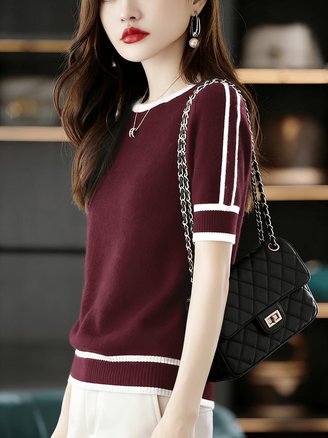 new short sleeved womens round neck loose base shirt sweater