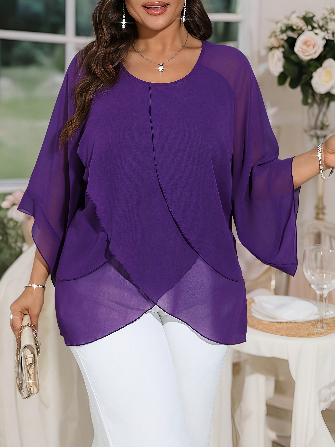 plus size womens lightweight semi sheer chiffon blouse three Temu