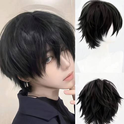 peluca sintética corta y de natural para hombre, adecuada para fiestas, cosplay, y - postizo resistente con cabello liso realista para peinado instantáneo para representaciones teatrales y uso