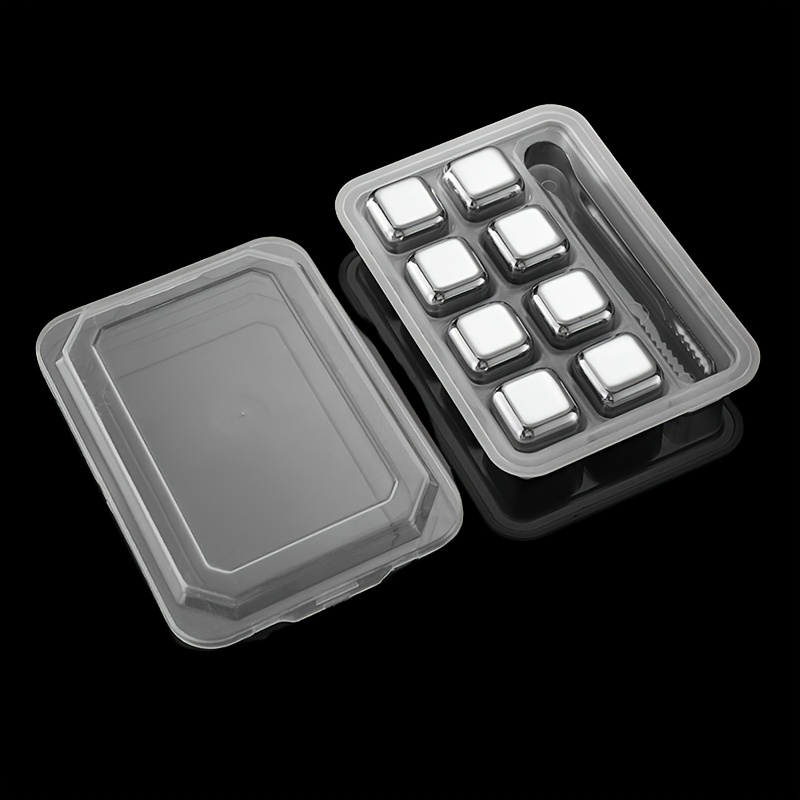 TEMU 8pcs Stainless Steel Whiskey Ice Cubes Set With Tong - Reusable, Quick-freeze Metal Chilling Rocks For Cocktails & Beverages, High-quality,