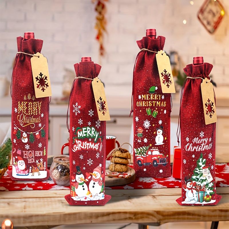 Image of Gift For Her/him 4pcs Burgundy Burlap Wine Bottle Gift Bags For Wine Bottle Gifts, Christmas Wine Bottle Bags With Drawstrings, Reusable Holiday Wine Bottle Covers For Christmas And New Year Holidays