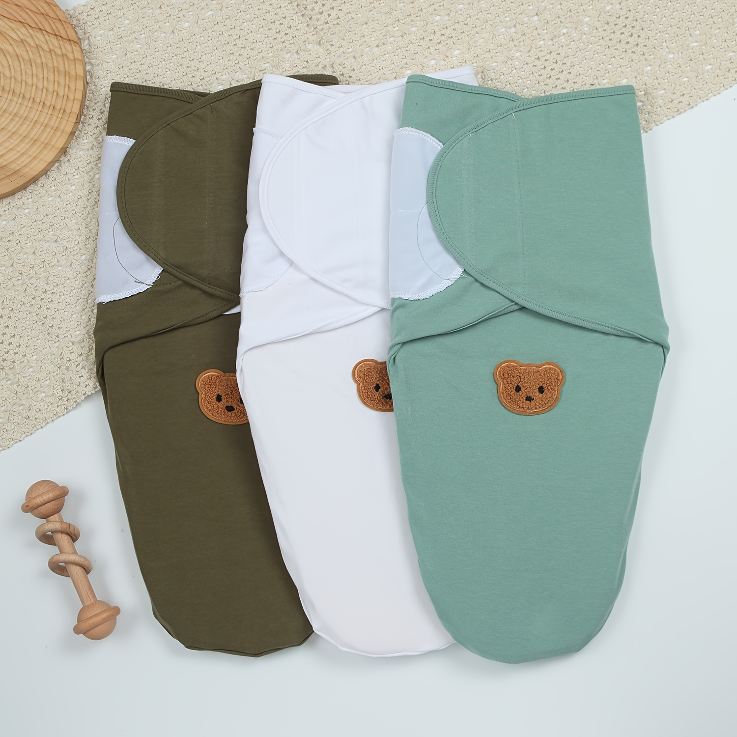 3pcs Baby Pure Swaddle Set, Bear Applique Design, Soft And Comfortable, Suitable for 0-3 Month Old Babies, Baby Swaddling Blanket, Universal for All Seasons, Newborn Supplies