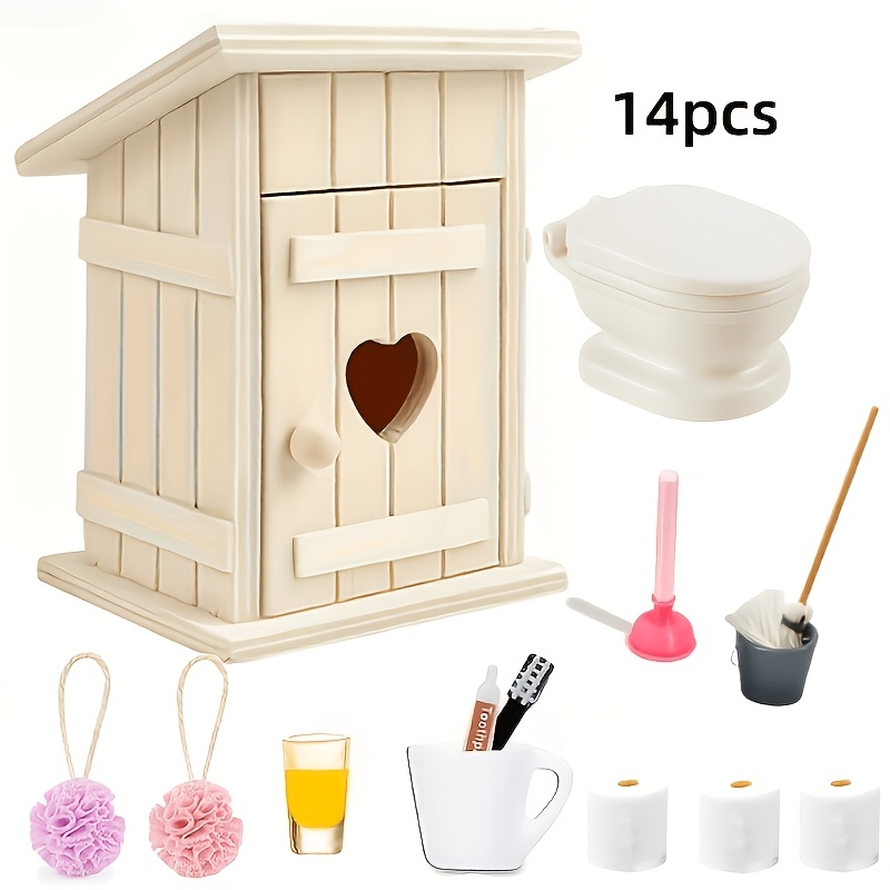 Image of 14pcs Additions, Indoor/outdoor Toilet, Bathroom Decorative Ornaments, Toilet Paper, Bucket, Toilet Seat Decoration, Additions, Statue Ornaments