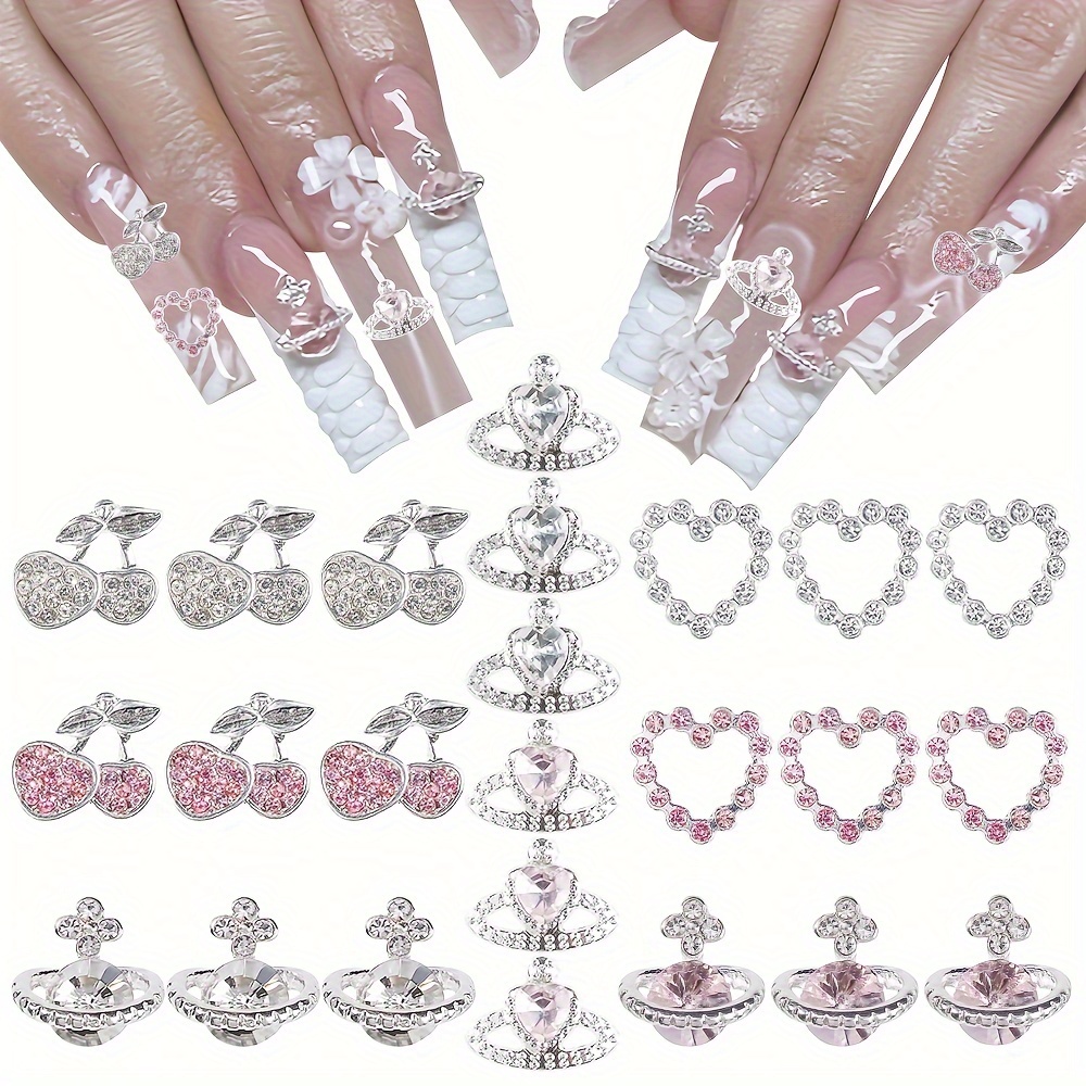 

24-piece Nail Art Decorations Set, Unscented - Love Heart, Cherry & Saturn Charms With Sparkling Rhinestones Variety Styles For Manicure Embellishments