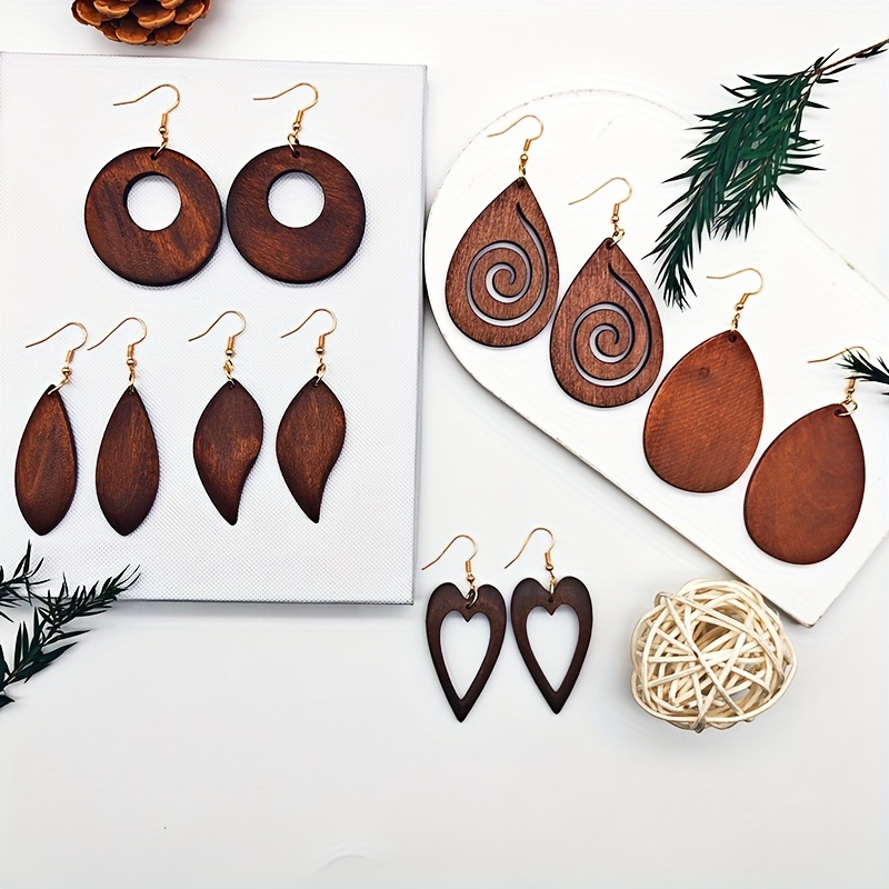 

6pairs/set, Women's Earrings Set, Vintage Pastoral , Water Drop, Round Wooden Dangle Earrings, Holiday Ear Accessories For Autumn And Winter