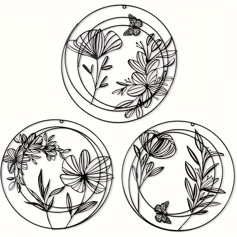 TEMU Art mural floral en métal noir de qualité supérieure, plat 2D, 2D, 2D, 3 pièces - moderne, parfait pour la décoration de et du salon