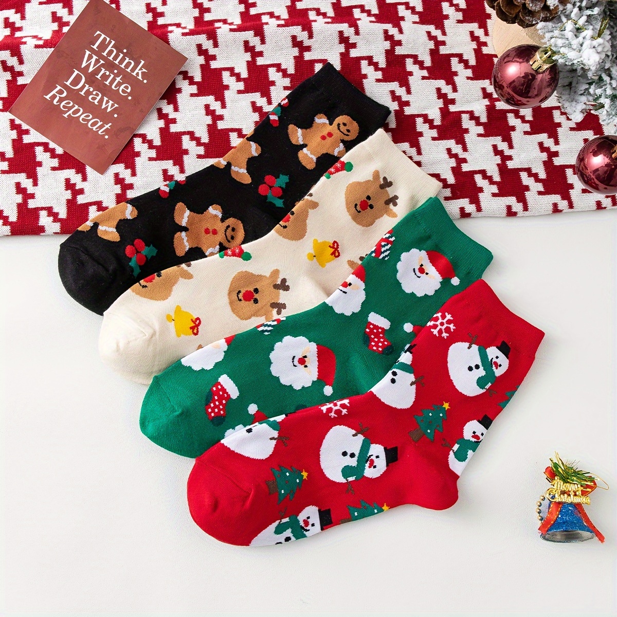 

4-pack Men's Christmas Themed Crew Socks - Festive Reindeer, Santa, And Snowman Patterns - Knit Polyester (92%) And Spandex (8%) - Comfortable Holiday Footwear