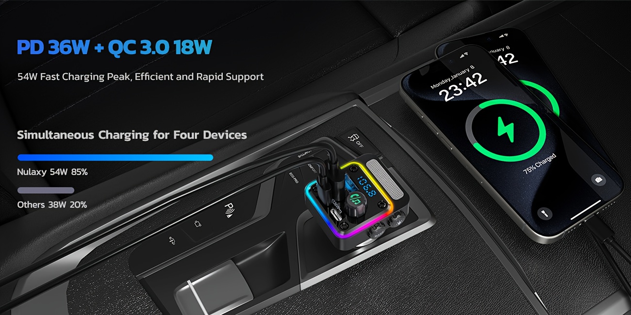 Adaptateur Voiture 54W BT 5.3 avec 4 Ports de Charge [PD 36W & QC3.0 18W], Émetteur FM Radio Sans Fil avec Basse Profonde & Rétroéclairage LED 5 Couleurs, Appels Mains Libres - Noir, Cadeau pour Noël, Halloween, Thanksgiving