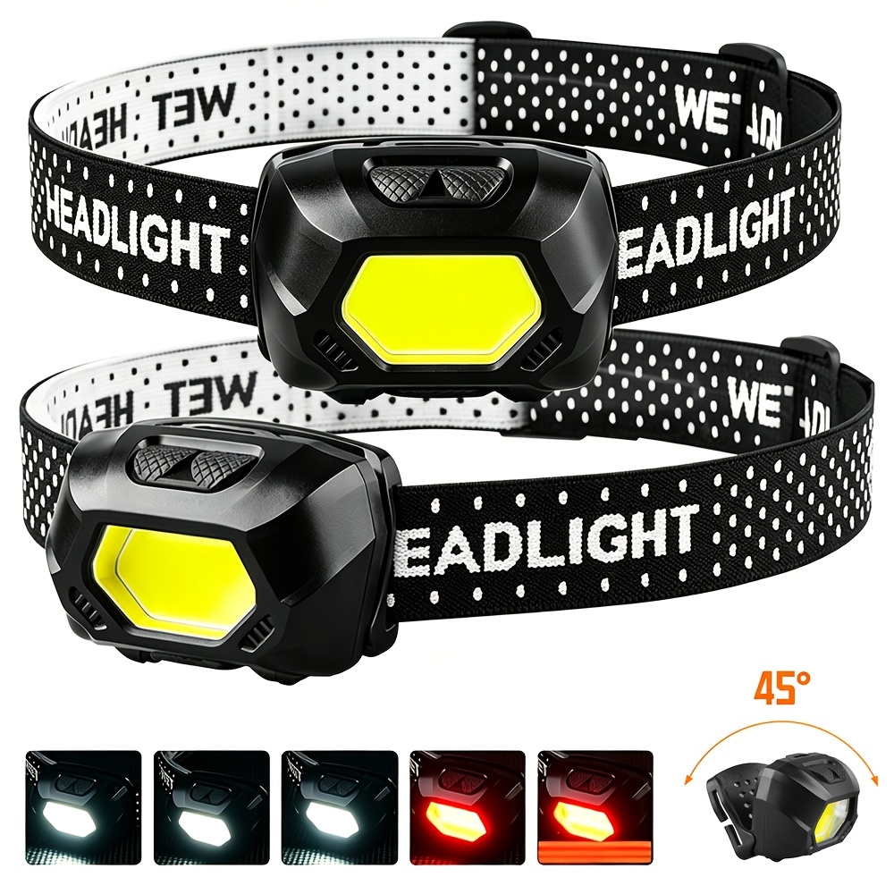 Image of 2pcs Cob Headlamp Flashlight, 5 Lighting ( Light) With Adjustable Headband, 45° Adjustable Beam Lightweight Headlight For Running, Camping, Hiking, Fishing And Outdoor Emergencies