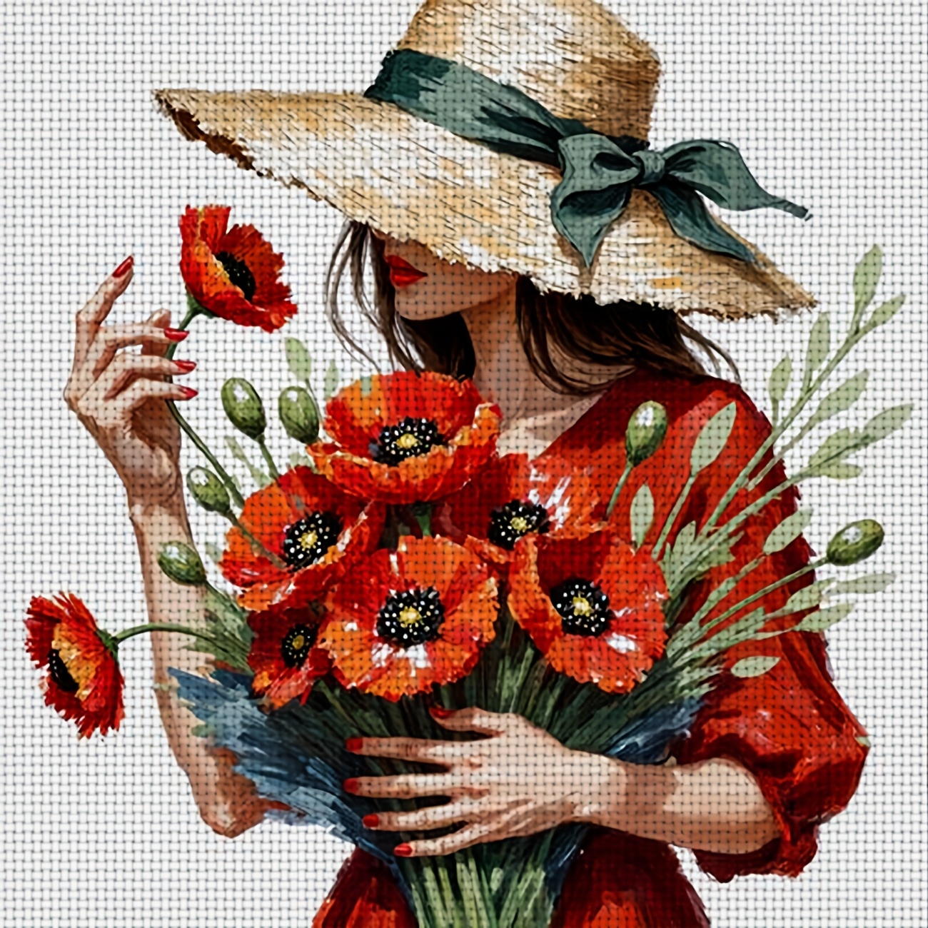 TEMU 1pc Cross Stitch Kit | " Dress With Straw Hat And Bouquet" Pattern, Frameless, Includes Printed Canvas, Needles, Pattern, And Instructions, In 2