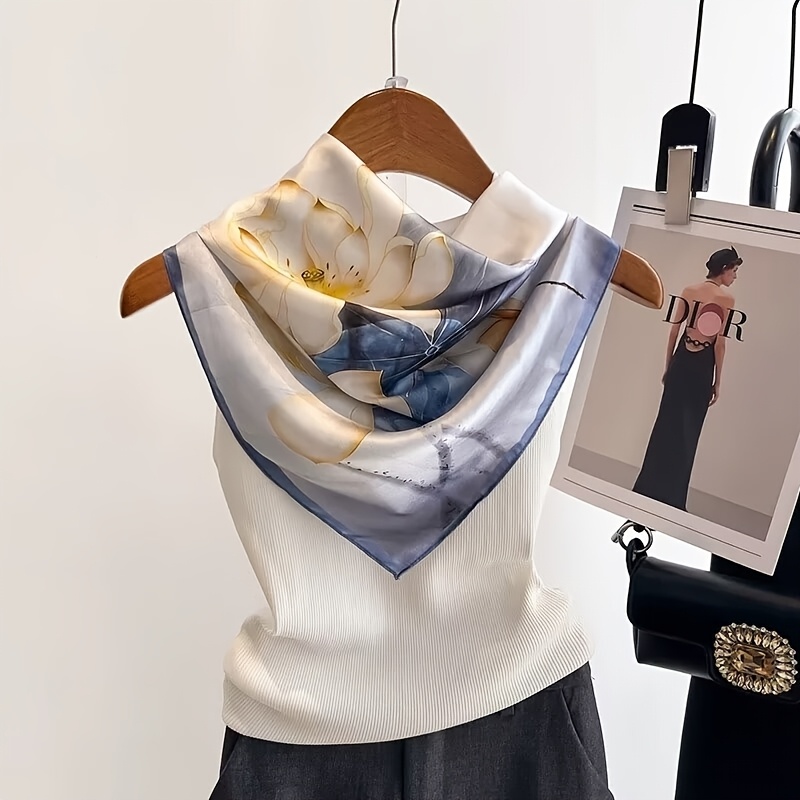 E-shop 27.6" Multicolor Blumenmuster Quadratischer Schal Simulierte Seide Dünne Glatte Hijab Nackenschal Elegante Kopfbedeckung für Frauen Haar Schal