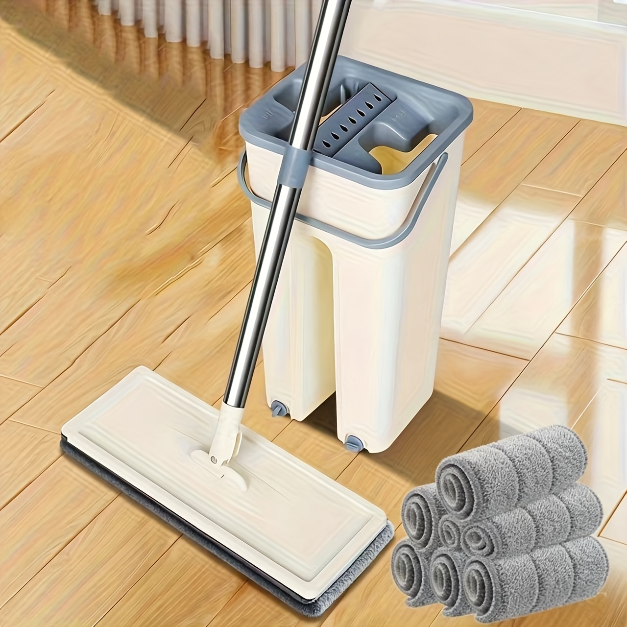 TEMU 4/7pcs Replacement Cloth Hand-free Mop With Washing And Squeezing Bucket Home Cleaning Tool Dry And Wet Dual-use Flat Mop Set 360Â° Rotation