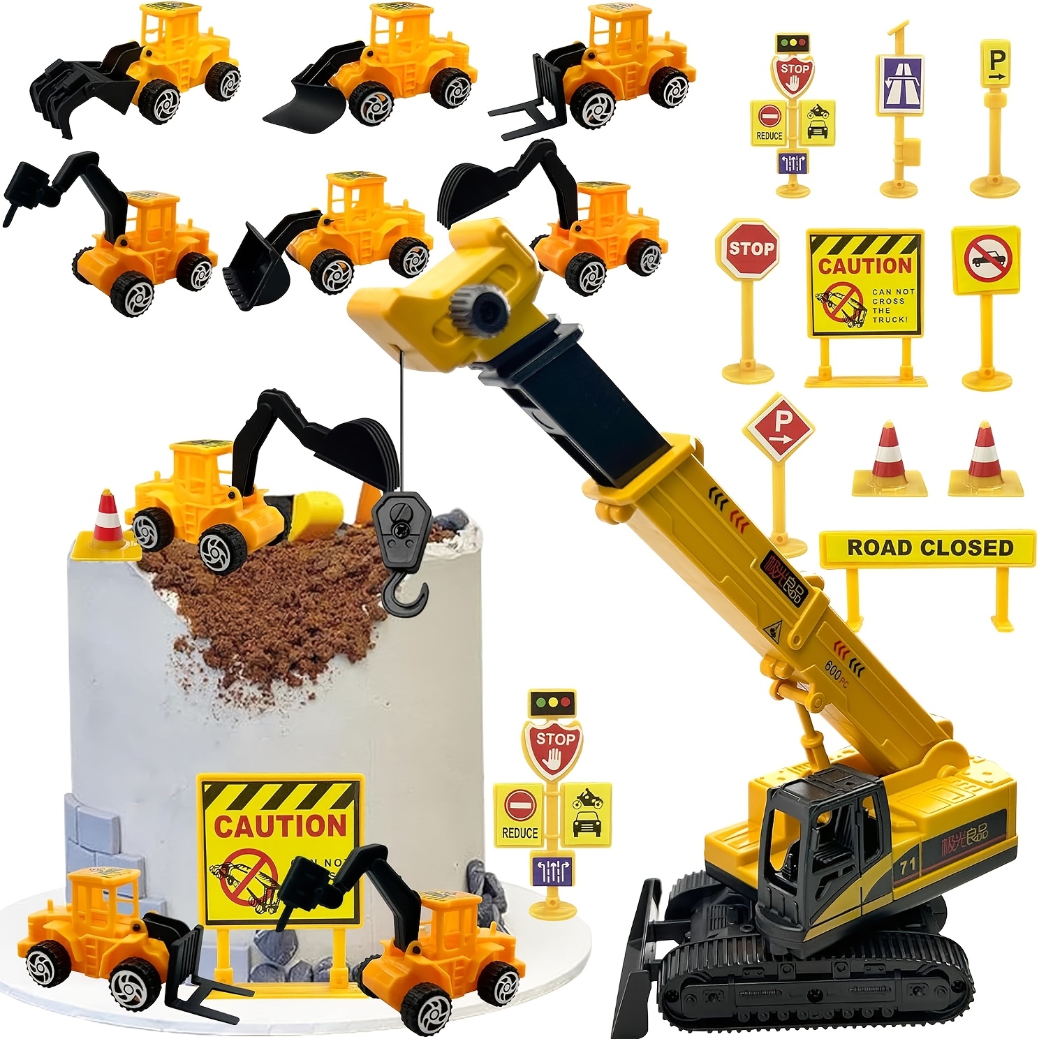 QXNDXQ 17 Pièces Décoration Gâteau Véhicule de Construction,Décorations de Gâteau D'excavatrice,Deco Gateau Tracteur,Panneau de Signalisation Cupcake Toppers,Decoration Gateau Anniversaire Garcon