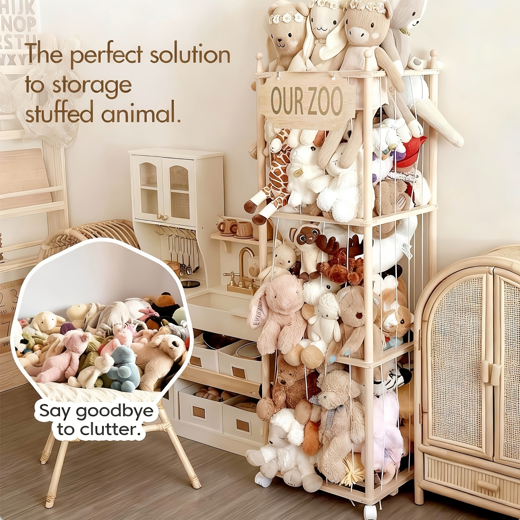 TEMU Grand Zoo de Rangement en Bois pour Animaux en Peluche avec Roues - Organisateur de Jouets en Peluche à Plusieurs Niveaux avec Bandes Élastiques
