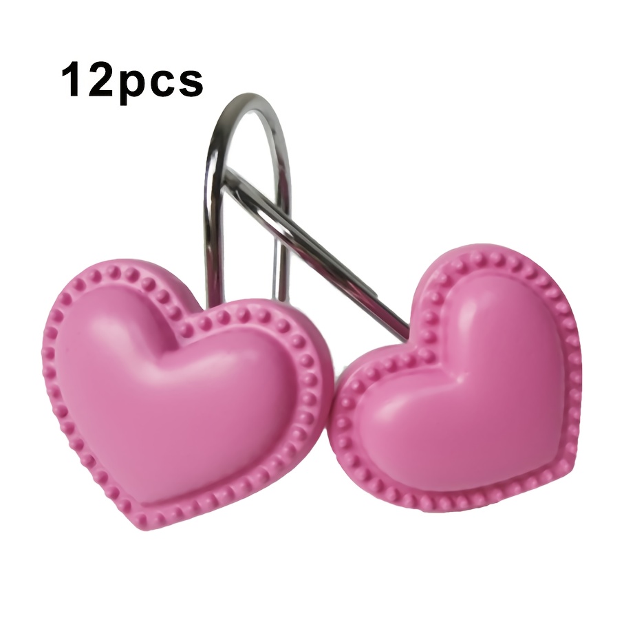 

Valentine's Day Heart-shaped Resin Shower Curtain Hooks - Cute Metal Decorative Rings For Bathroom, Home Decor In & Pink