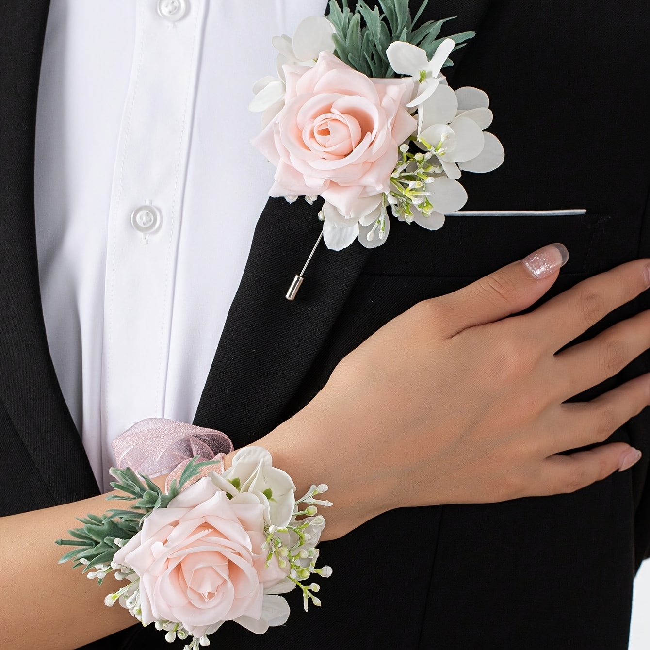 TEMU 2pcs Breath Rose Wrist Corsage And Boutonniere Set, Perfectly Suitable For Groom, Bride, Father, Mother, , Grandfather To Wear As Wedding