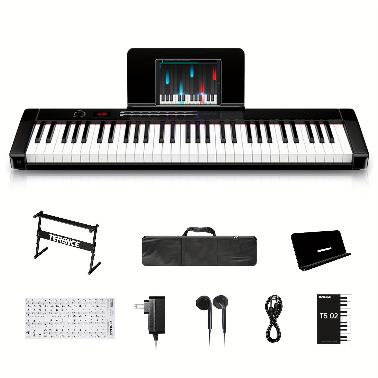 

Terence Keyboard Piano With 61 Semi-weighted Keys Lcd Display & 1800mah Battery Support Midi Usb Interface With Sheet Music Stand Sticker Bag Audio Cable Earphones