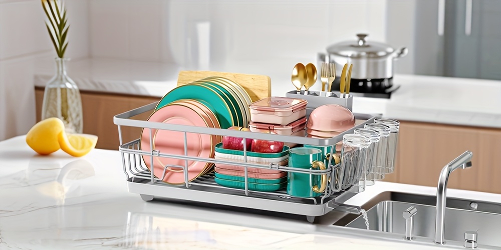   large metal dish drying rack for kitchen counter sink space saving dish drainer with drain board cup holder cutlery organizer plates bowls utensils storage Product details 4