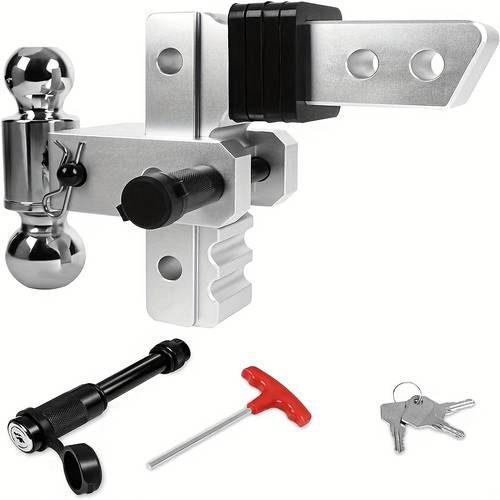 this versatile solid aluminum trailer hitch is designed for a 2 inch receiver offering a 6 inch drop or it 2 inch and 2 5 16 inch balls supports up to 12 500 features two anti theft pull pins