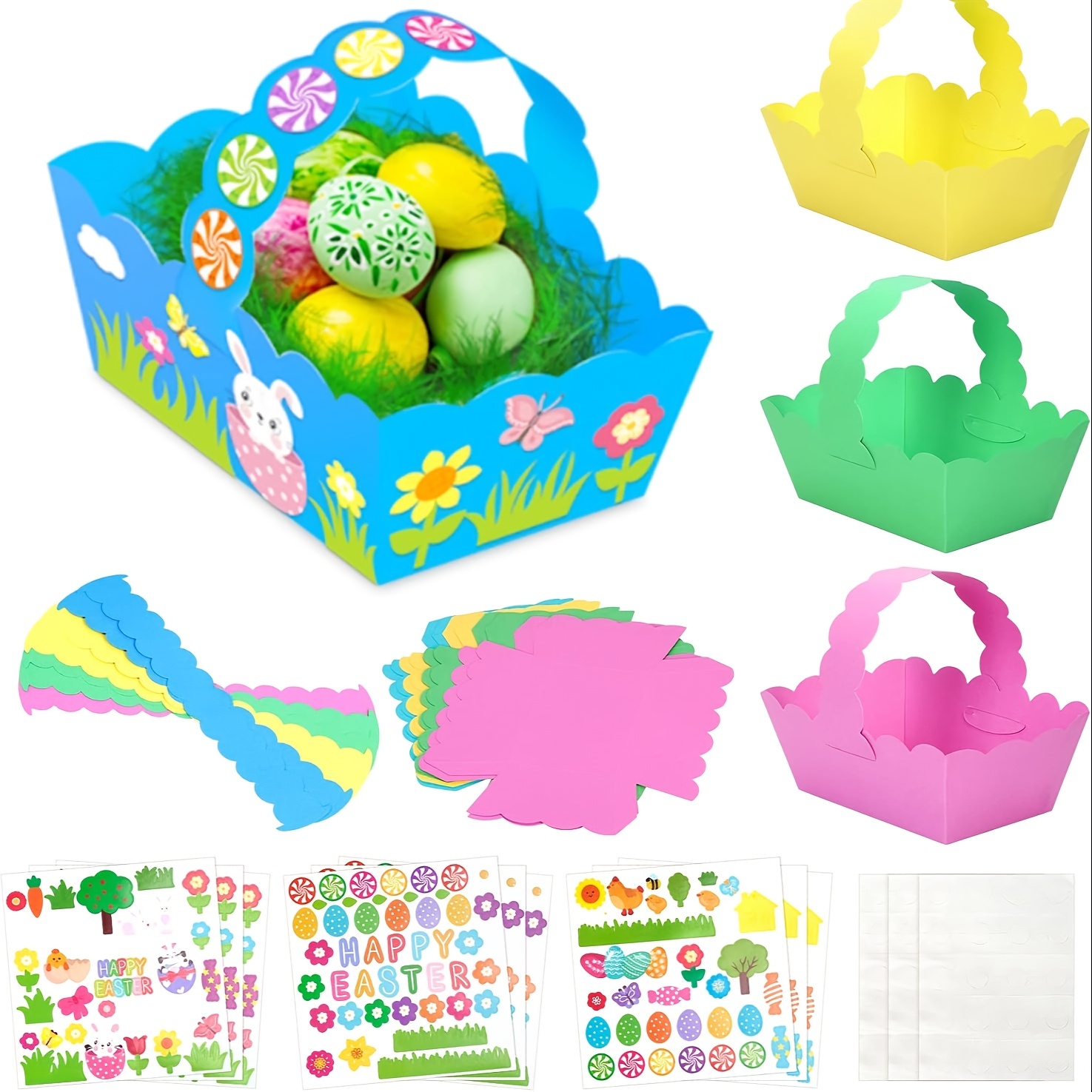 

8pcs Diy Easter Basket Craft Kit With Stickers - Easy-to- Paper Baskets With Scalloped & Handles For Egg Hunts, Gifts & Decorations, Baskets For Organizing