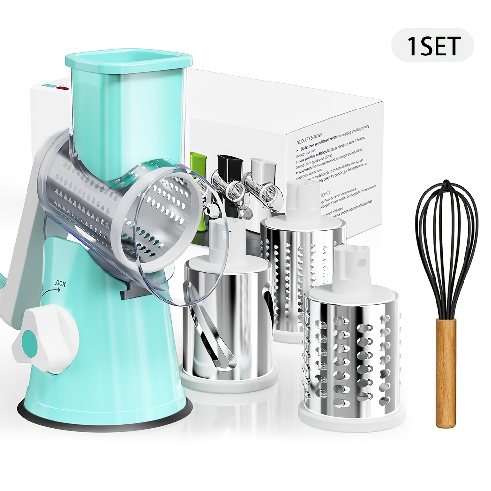 TEMU Handheld Rotary Cheese Grinder - 3 Interchangeable Stainless Steel Drum , Manual Circular Mandoline Vegetable Slicer, Nut Grinder, With Upgraded