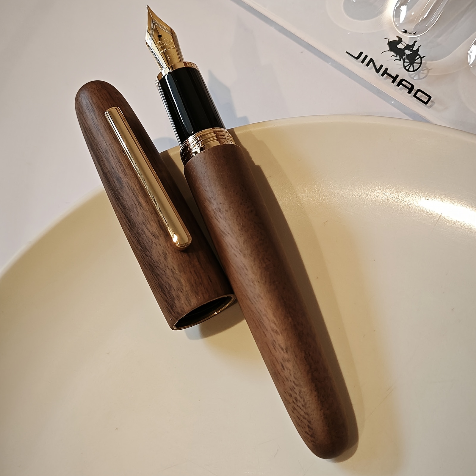 Penna Stilografica In Vetro E Legno Di Lusso – Marrone Scuro – Pennino 360° Con Tappo – Ideale Per Scrittura Calligrafica - 2
