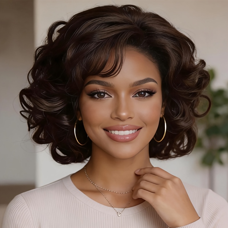 TEMU Women' Short Curly Wig Glueless Heat Resistant Synthetic Hair Suitable For Party Cosplay, Natural Deep Brown Wig With Performances, Breathable