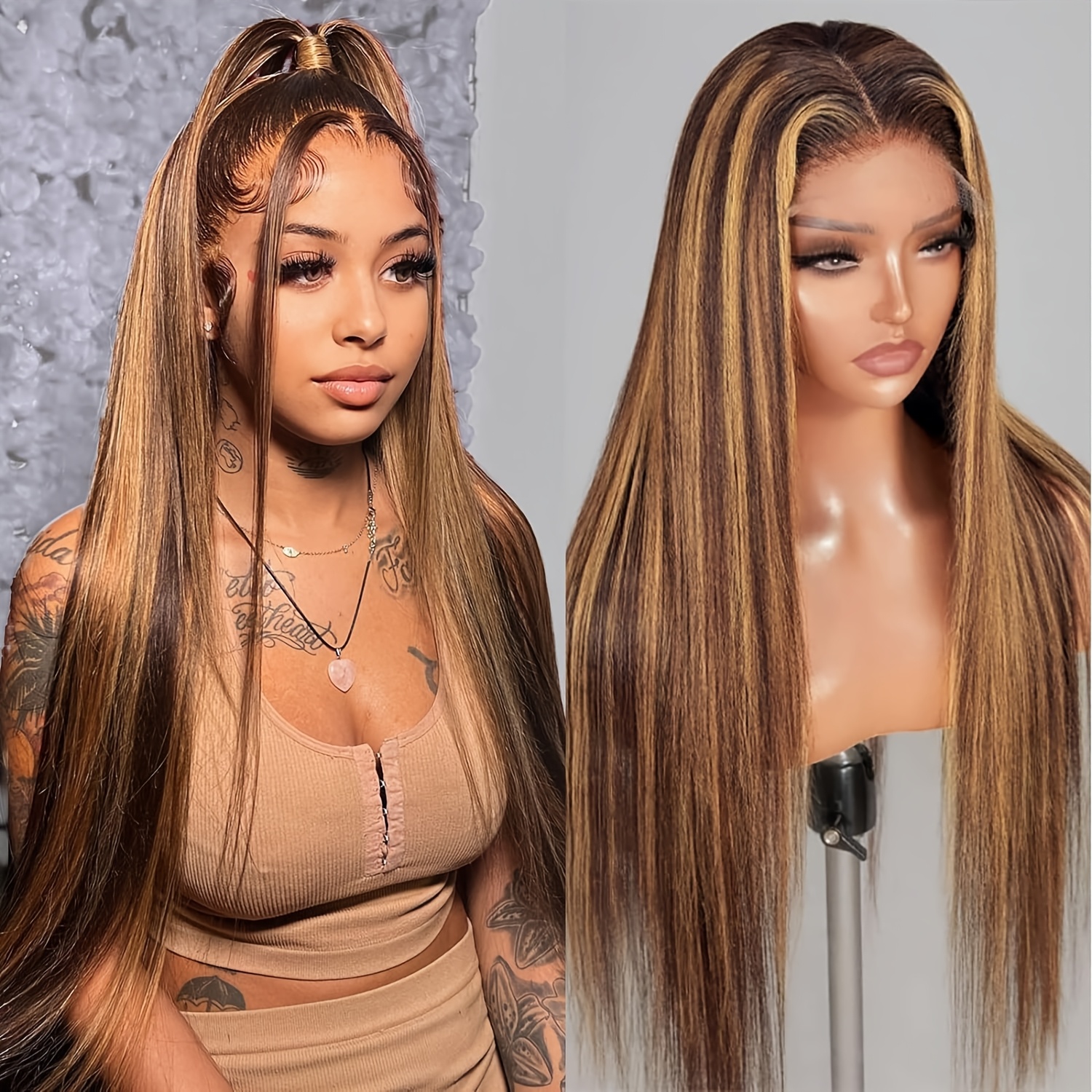 Image of Natural Looking Glueless Lace Front Wig Suitable For Women - Hd Hairline, 13x4 Lace Base, Straight Human Hair Wig With European Highlights, Honey Blonde Density 180% For (no Glue Application)