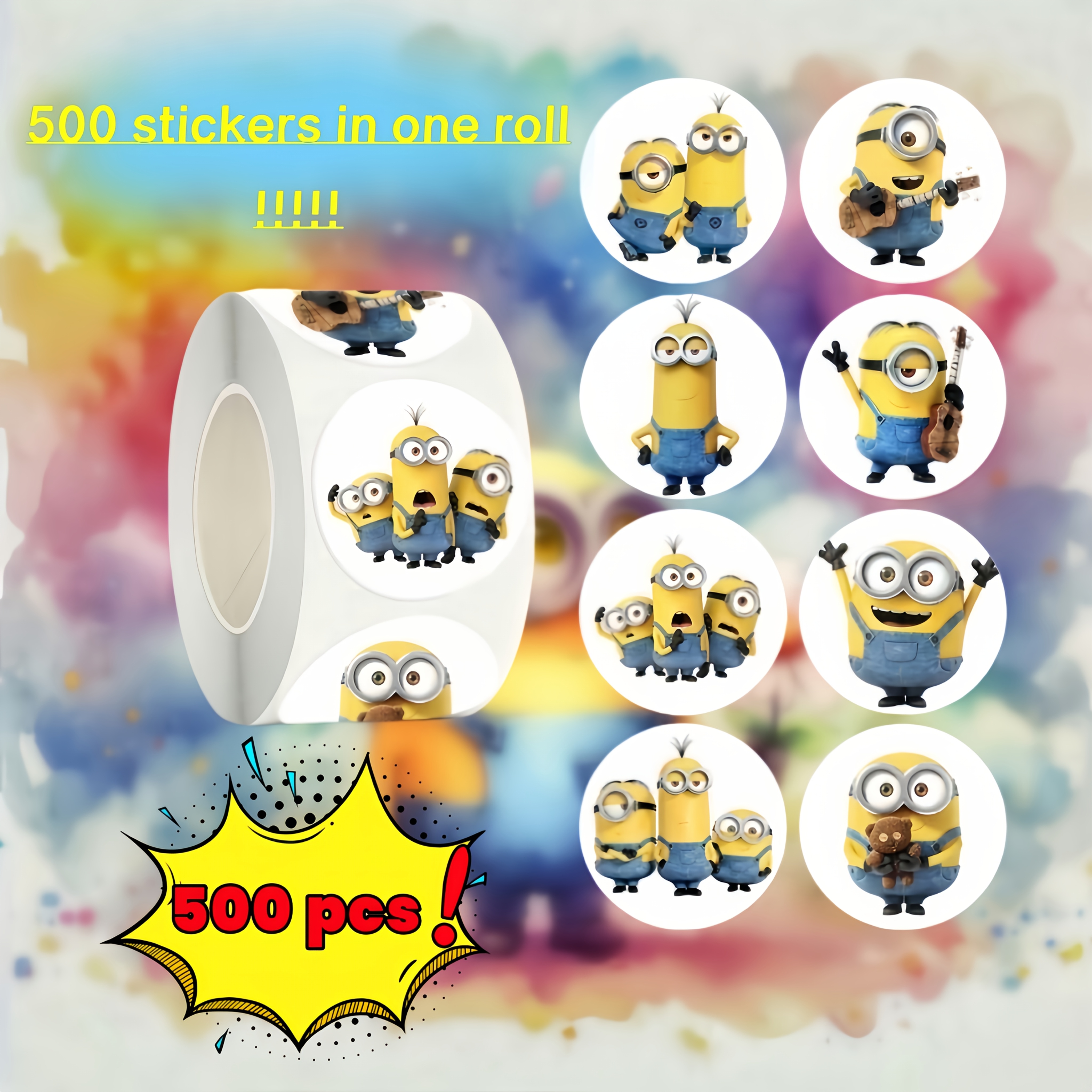 

Minions Themed Decorative Roll With 500 Assorted Paper Labels For Party Favors, Envelope Sealing, Gift Packaging, And Phone Case - Mixed Colors With Unique Minion Designs