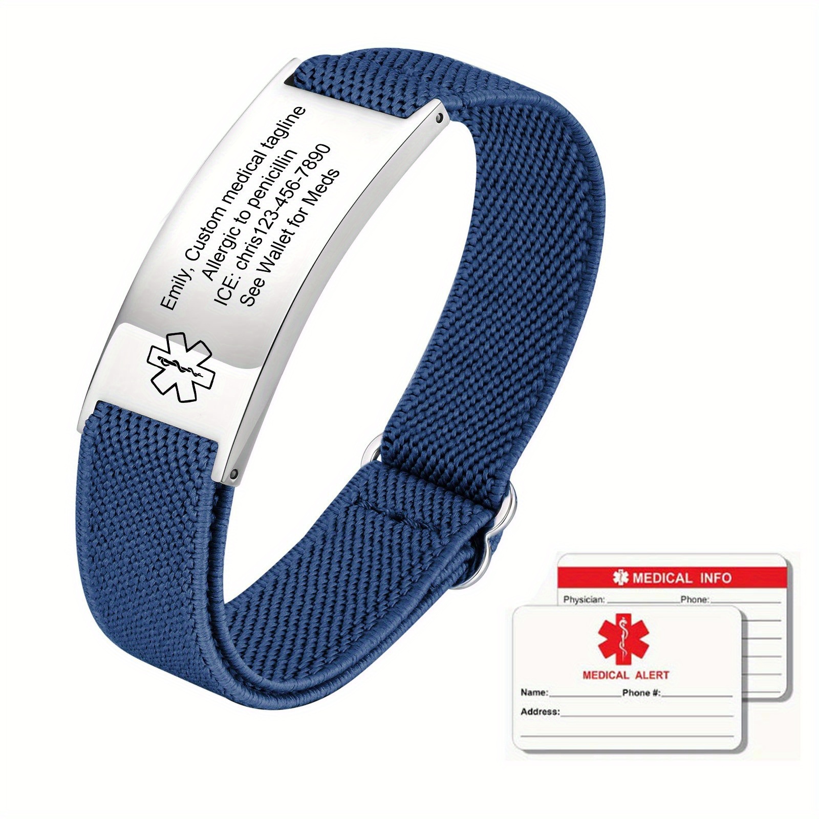 TEMU Custom Emergency Alert Bracelet For Men And Women, Engravable, Adjustable Stainless Steel Mesh With Elastic Cord, Special Emergency Marking,