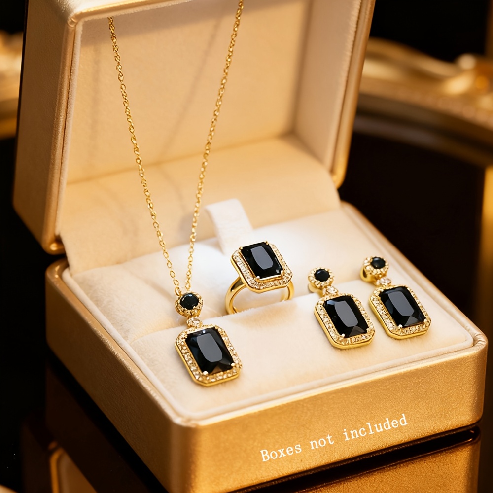 TEMU 4pcs Women's Fashion Retro Square Jewelry Set, 1pc Necklace, 2pcs Earrings And 1pc Ring Suitable For Daily Wear All Year Round - Gift For Wife,