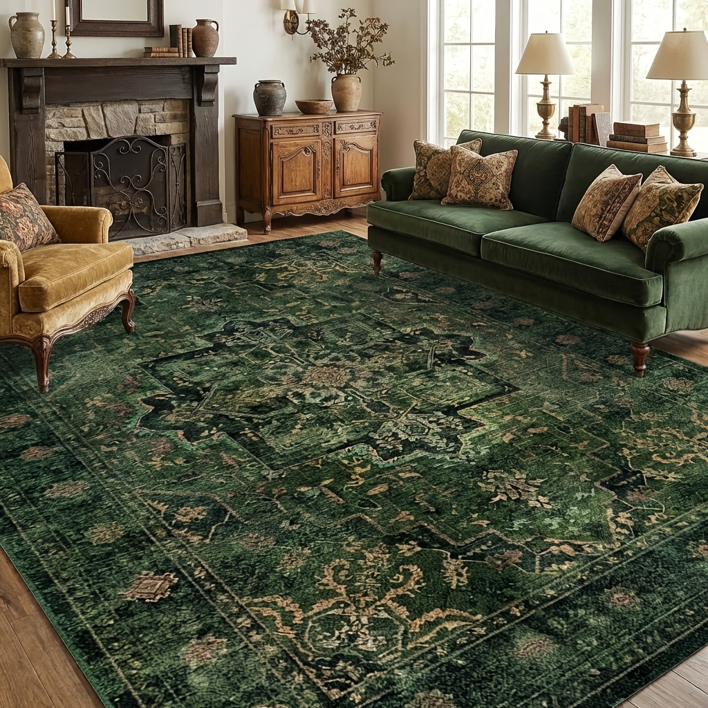 TEMU 1pc Luxurious Golden Diamond Velvet Rug - Dark Green Vintage Oriental Round Medallion Carpet, Non-slip, Machine Washable, Sturdy And Durable,