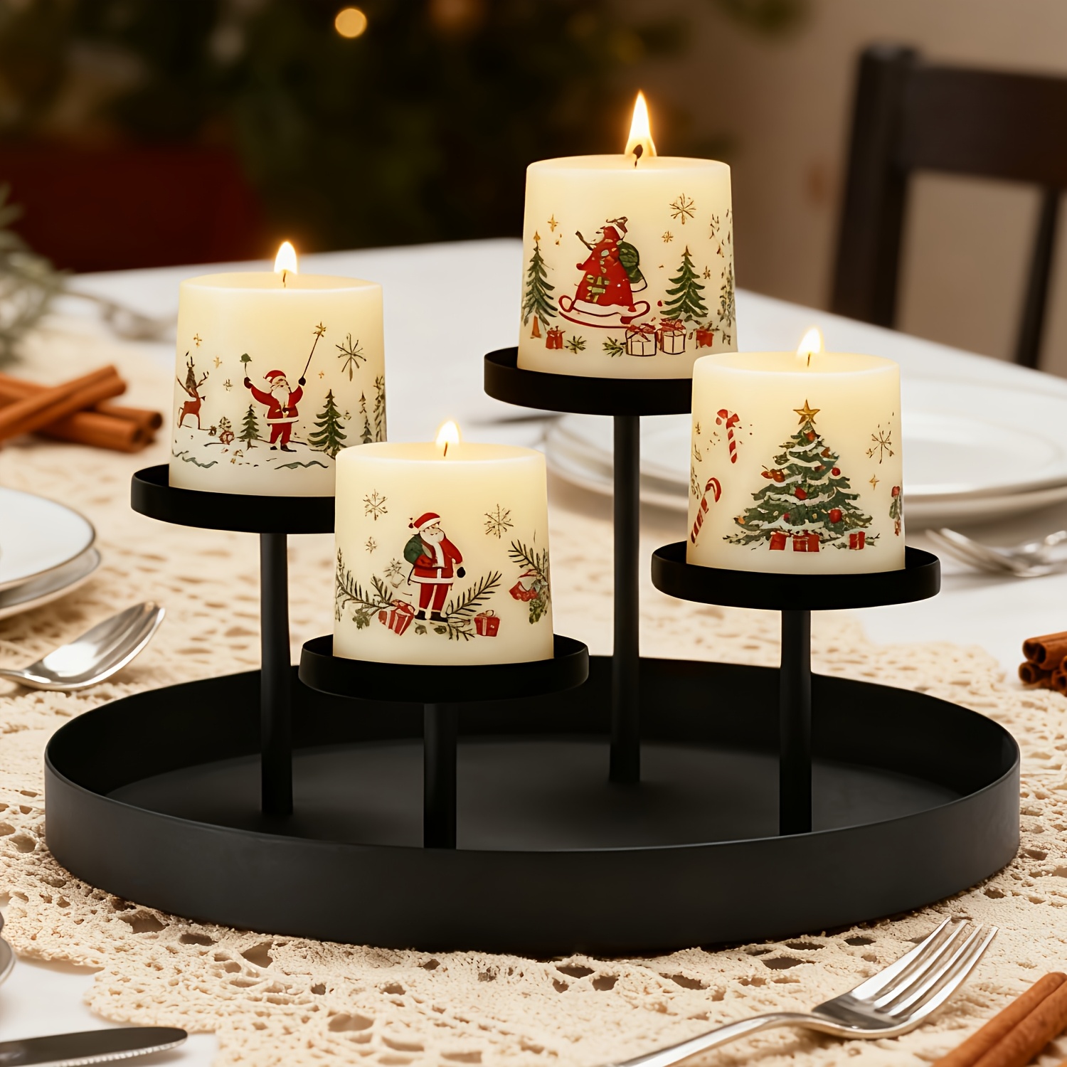 Image of Iron Round Tray With 4-head Candlestick, Candle Not Included, Suitable For Christmas And Other Decoration, Dinner Photo Prop, Wedding Anniversary Wedding Decor, Decoration, Birthday Gift
