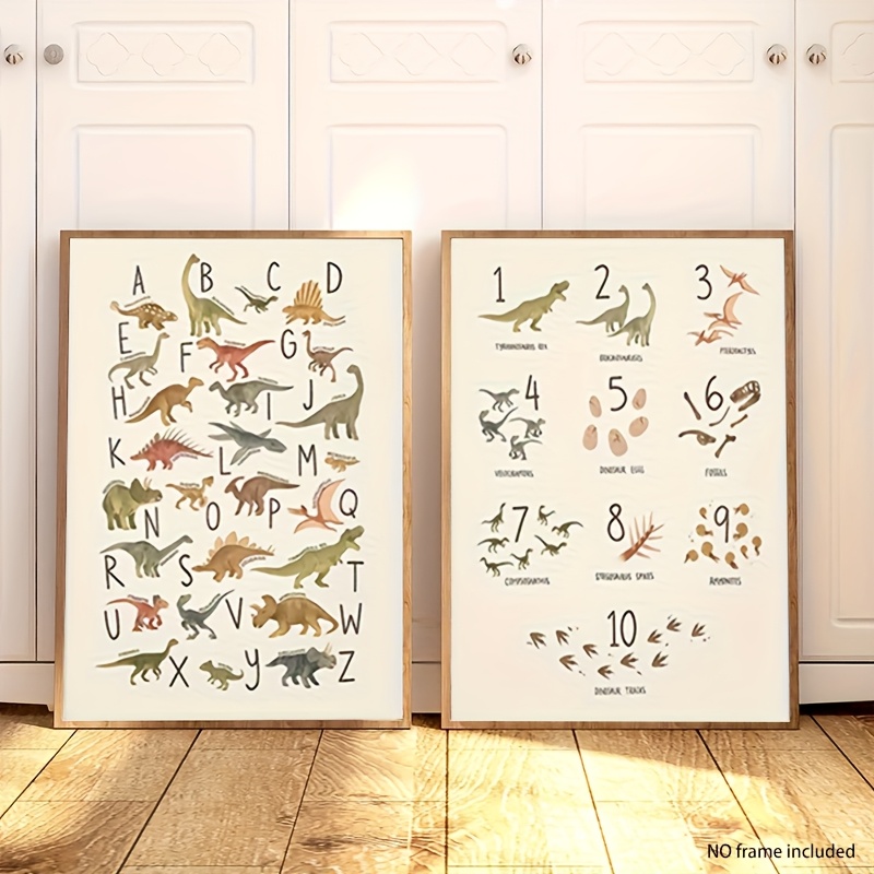 TEMU 2pcs Canvas Art Set, Frameless Decorative Wall Art Combo, Multiple Sizes Available, Dinosaur Letter Print Poster, Dinosaur Number Wall Art For