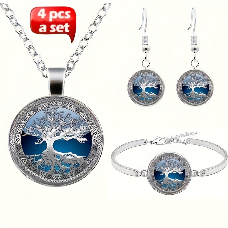 

4pcs Earrings Necklace Plus Bracelet Fashion Jewelry Set Trendy Tree Of Life Design Match Daily Outfits Perfect Gift For Family Or Friends
