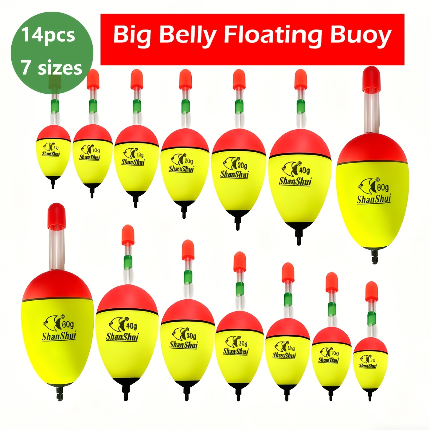 TEMU Juego de 14 flotadores de pesca de EVA, 7 tamaños 5G-60G Flotador de barriga grande, Flotadores de espuma de flotabilidad, Flotadores de pesca