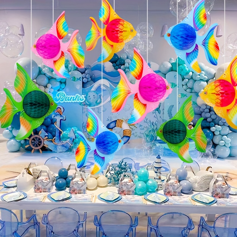 

8pcs Ocean Party Decorations Set, Rainbow Honeycomb Fish Hanging Ornaments, Indoor & Outdoor Marine Style Decor, Party Props For Birthdays, , Graduation - Mixed Color Paper Material