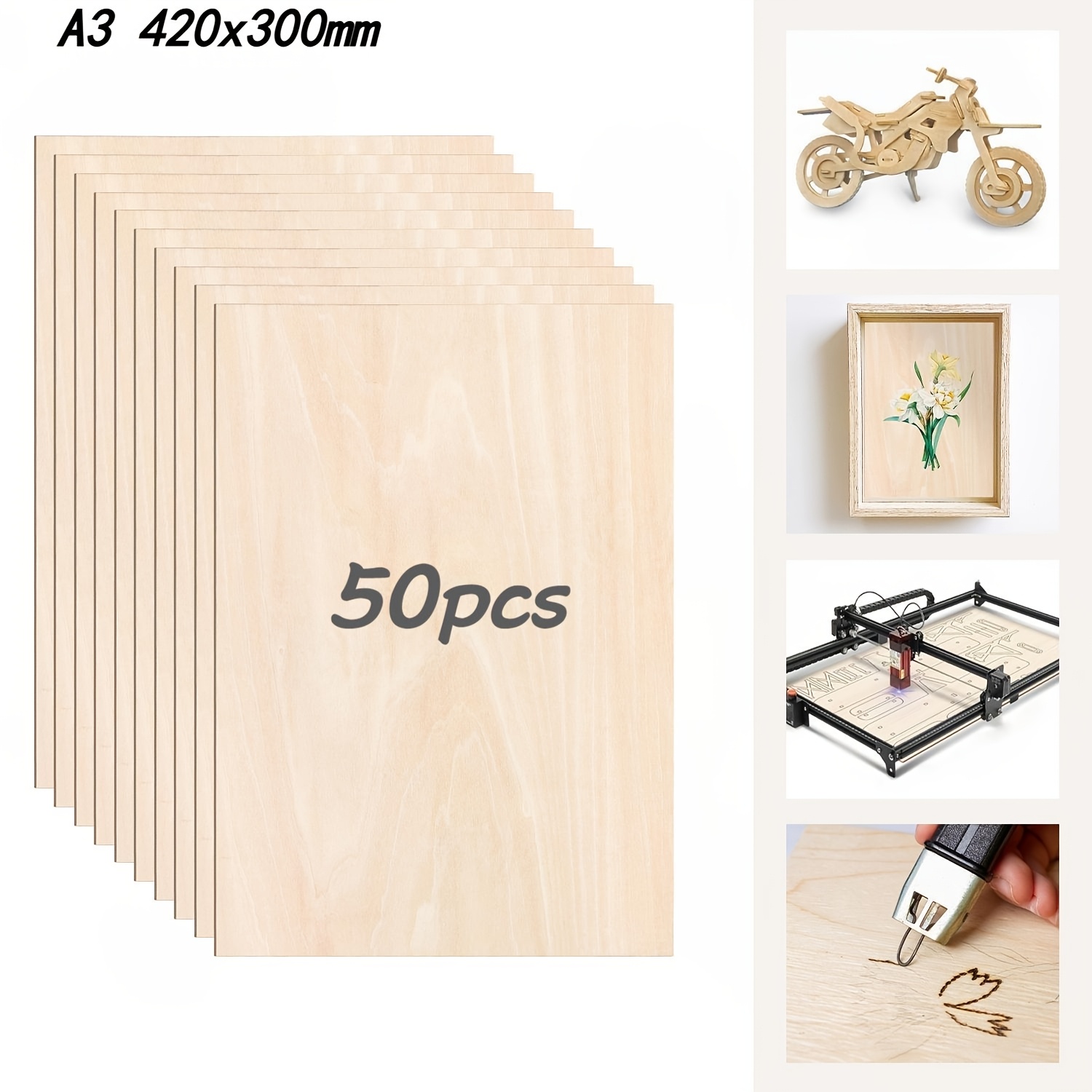 Dofiki 50pcs A3 Basswood Plywood Sheets 3mm - Suitable For Woodworking, Laser Cutting/engraving, Pyrography | Smooth Paintable Panels For, Model Making | 420x297x3mm