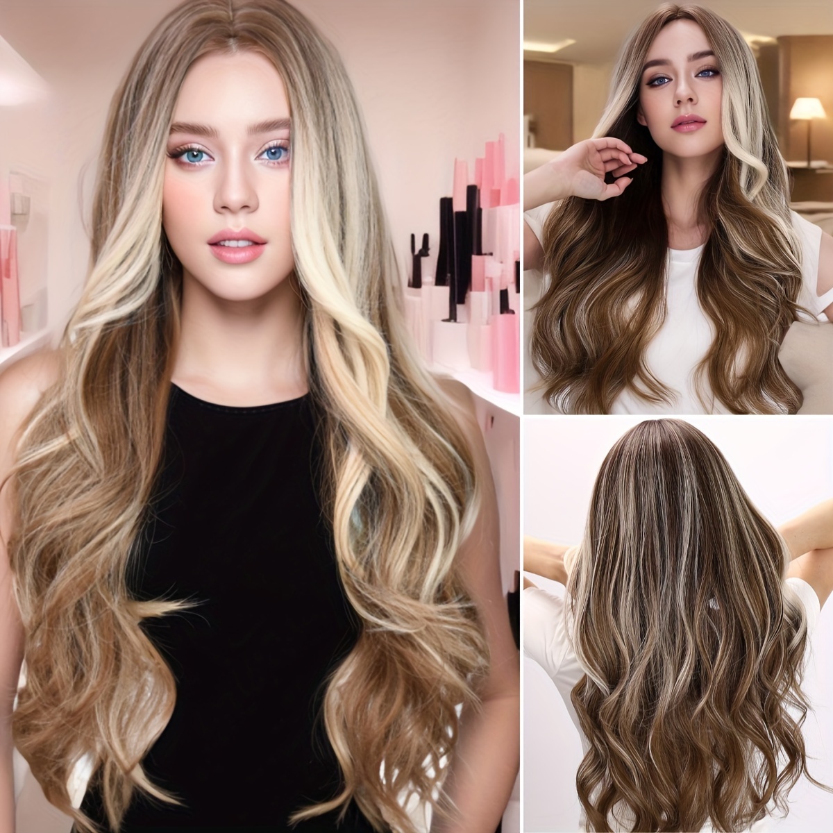 

30" Elegant Loose Wave Ombre Blonde To Brown Synthetic Wig For Women - Highlighted Long Style, Parties & Casual Attire, , Cap, Heat-resistant Fiber