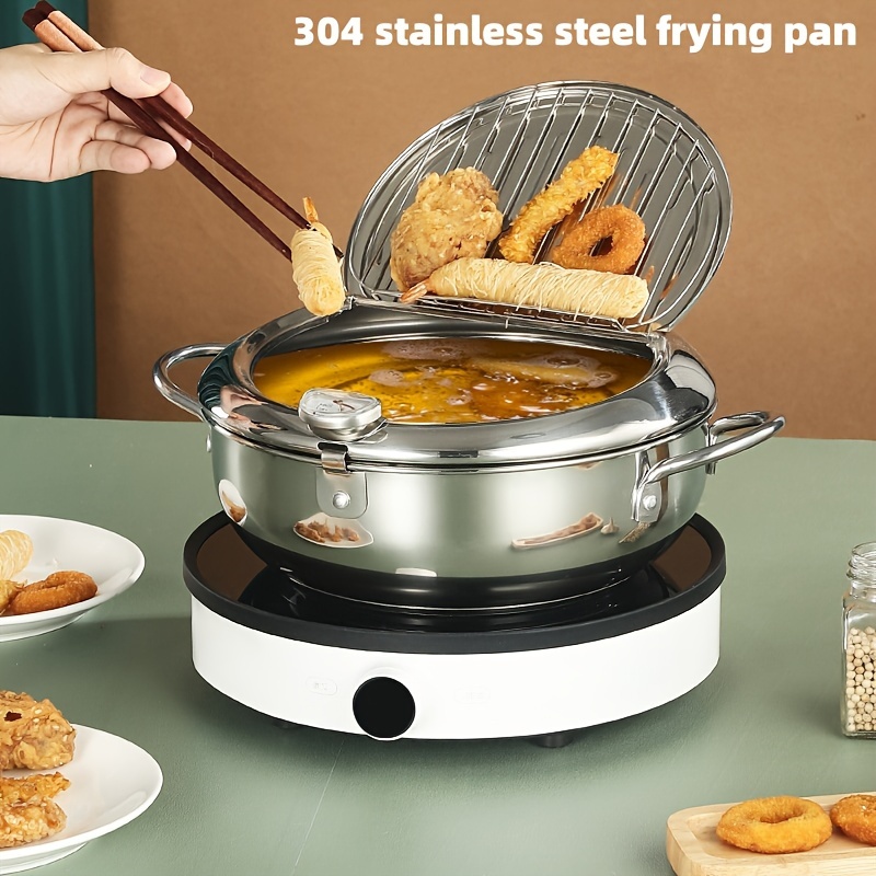 

Stainless Steel Fryer With Lid - 74.4oz, Detachable Thermometer & Oil Filter Rack, Induction Compatible, Outdoor Cooking