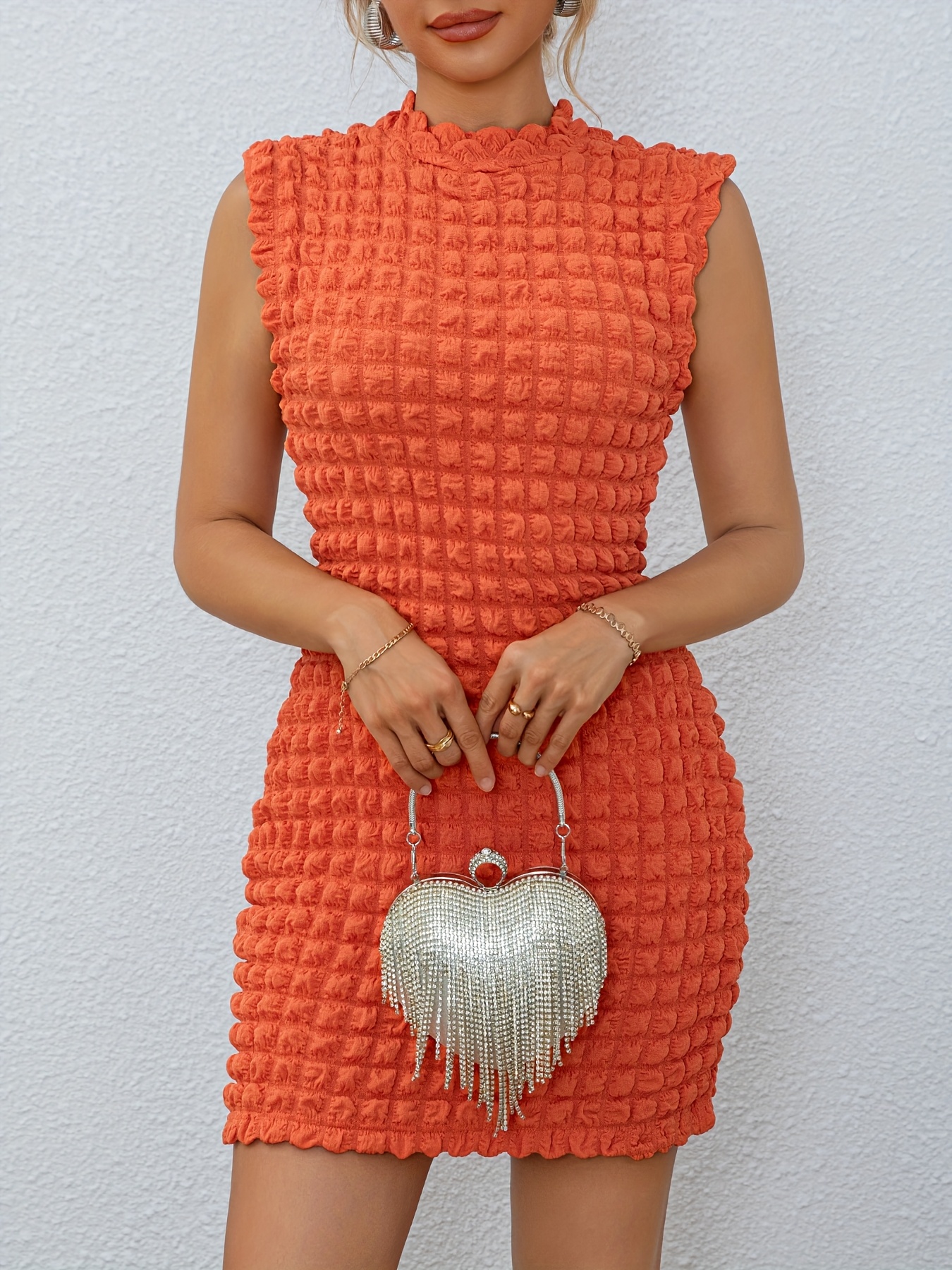 women's sleeveless bodycon dress vibrant orange ruched frill