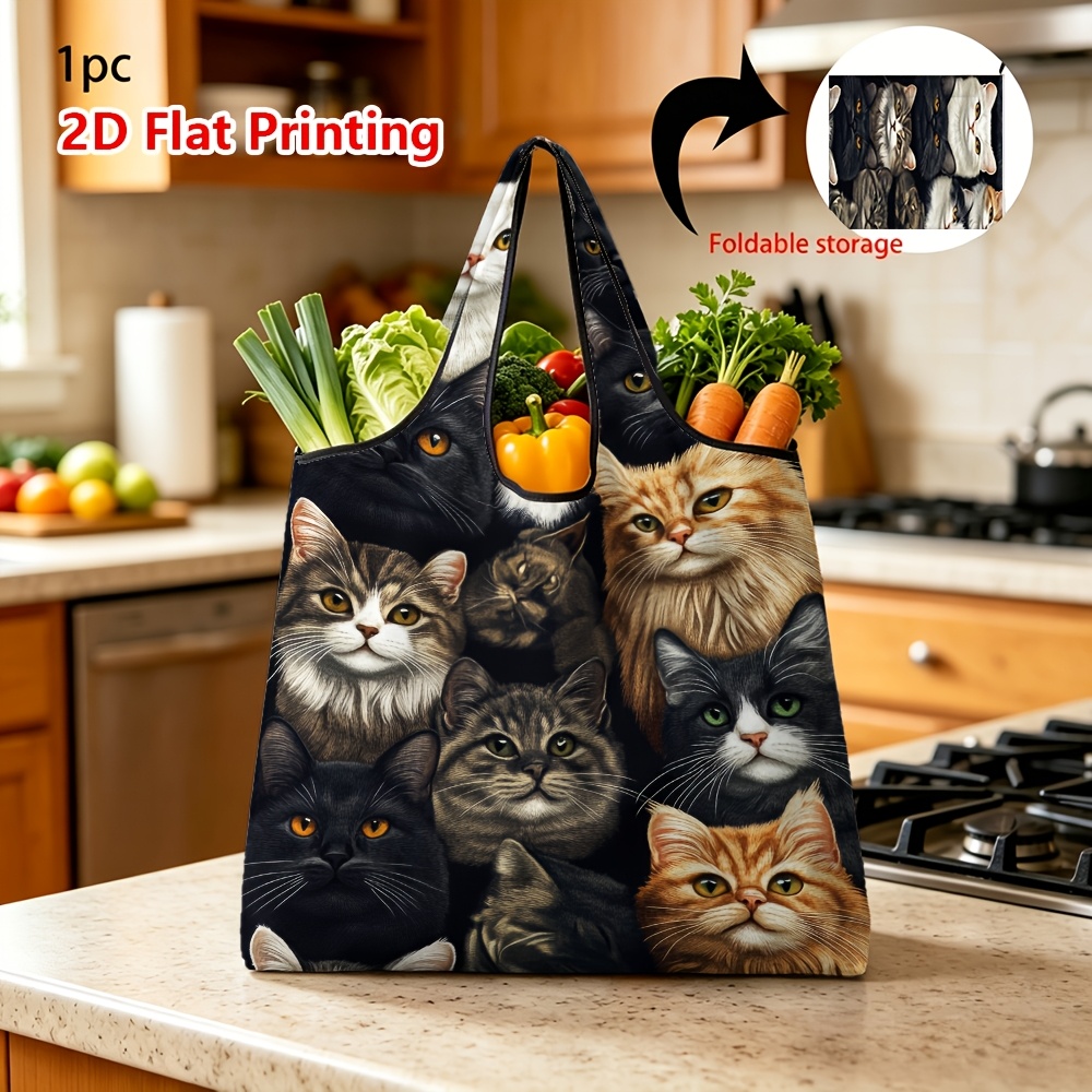 TEMU (printed Design Not Textured) 1pc Reusable Grocery Bags With Multiple Cute Cat Prints, Foldable For Daily Shopping Storage
