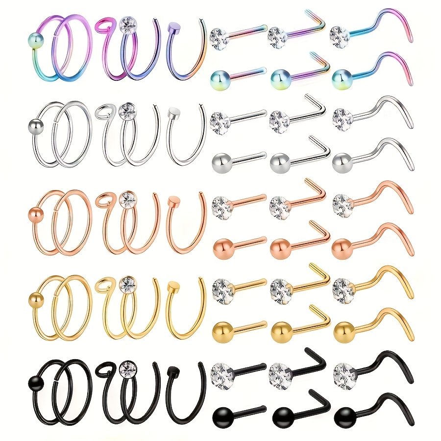 TEMU 40/55pcs Of Fashionable Stainless Steel Nose Studs And Nose Rings Set - Inlaid With Shiny Synthetic Synthetic Zirconia, Suitable For Women' Wear