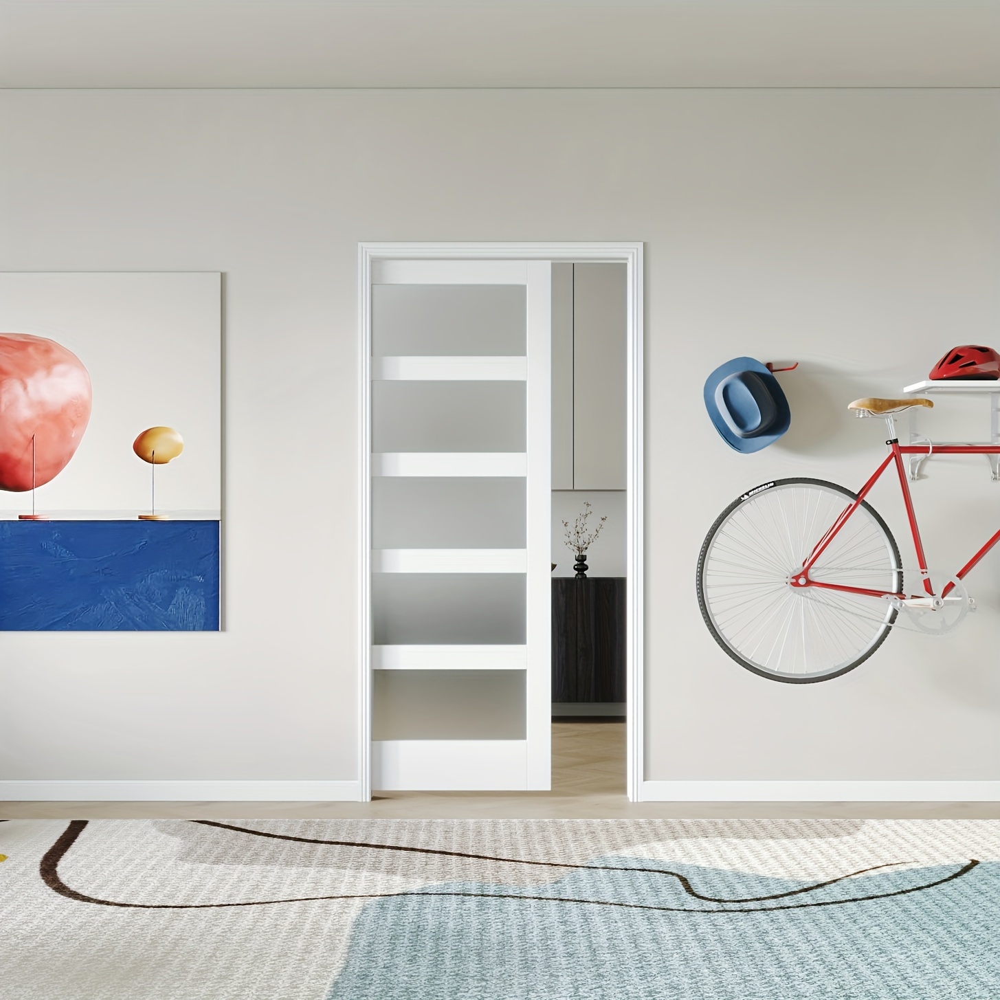 sliding pocket door, 5-panel frosted glass, solid wood and mdf white interior  door panel, suitable for pocket doors, pre-drilled for easy assembly  (hardware not included) | Shop Now For Limited-time Deals |, image size:1455x1455