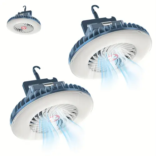 2pcs led camping lights with fans hooks usb rechargeable hanging lamps with 2 lighting for indoor outdoor use tent hiking and emergency power outages abs material polished hiking gear multifunctional light versatile hanging lamps camping accessories