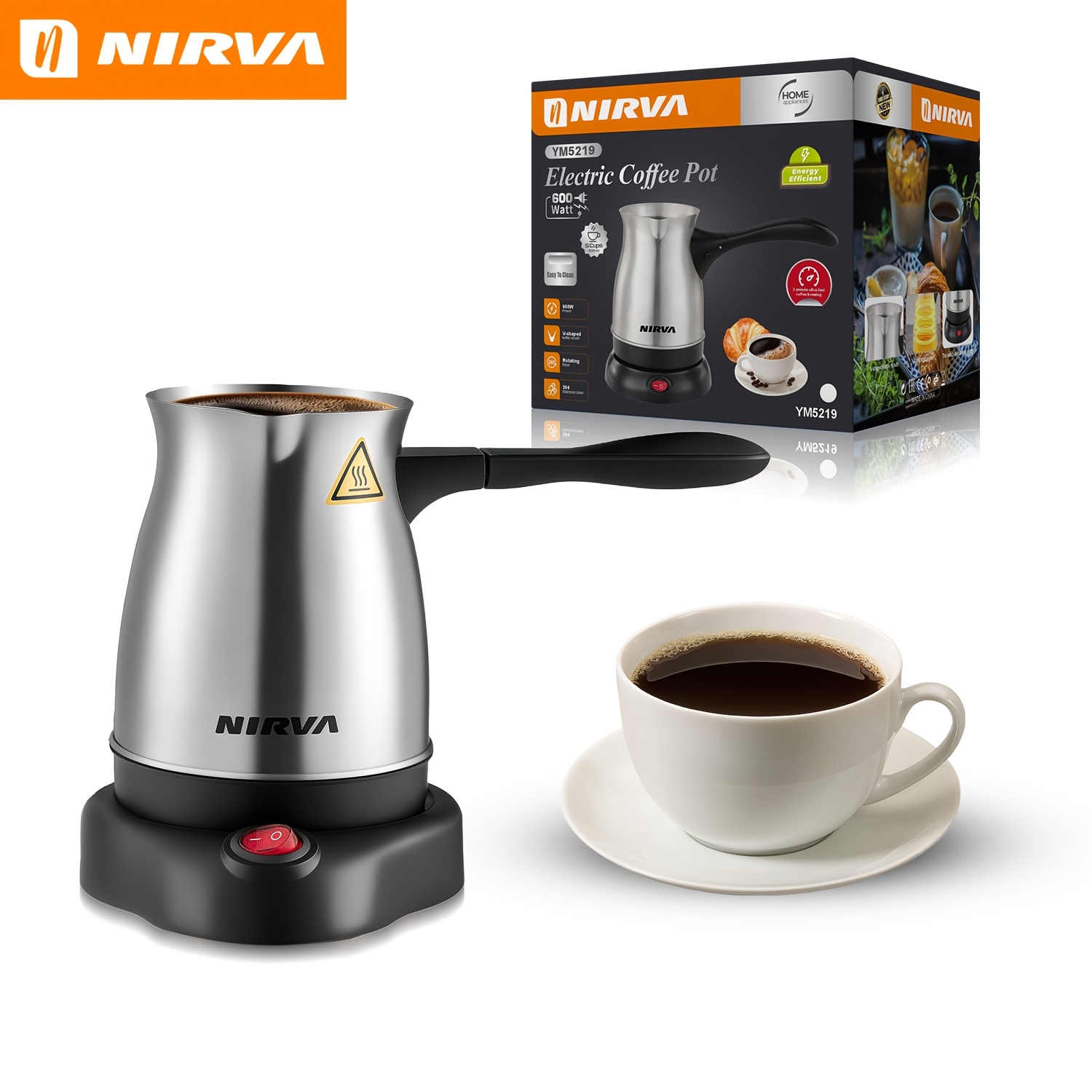TEMU NIRVA Machine à café électrique, cafetière en acier inoxydable 600W avec bec verseur de V, base de chauffage amovible, long manche, bouilloire