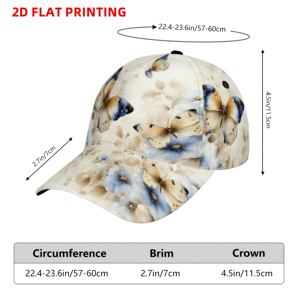 TEMU 1pc Of A 2d Flat-printed Baseball Cap Featuring Butterflies And Blue Flowers, Designed With A Curved Brim. This Sports Cap Is Adjustable And